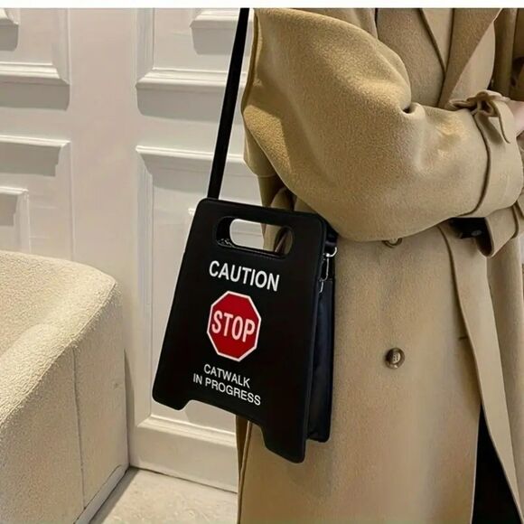Street Style Black Caution STOP Catwalk in Progress Crossbody Purse - Picture 1 of 4